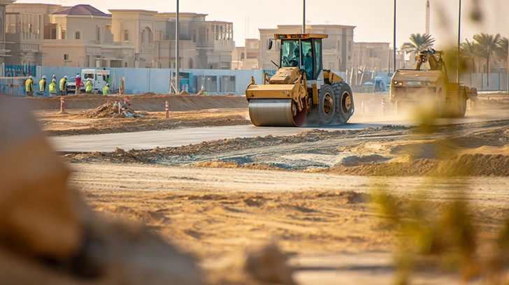 Civil engineers managing infrastructure construction and foundation works at a development site in Ajman, UAE.