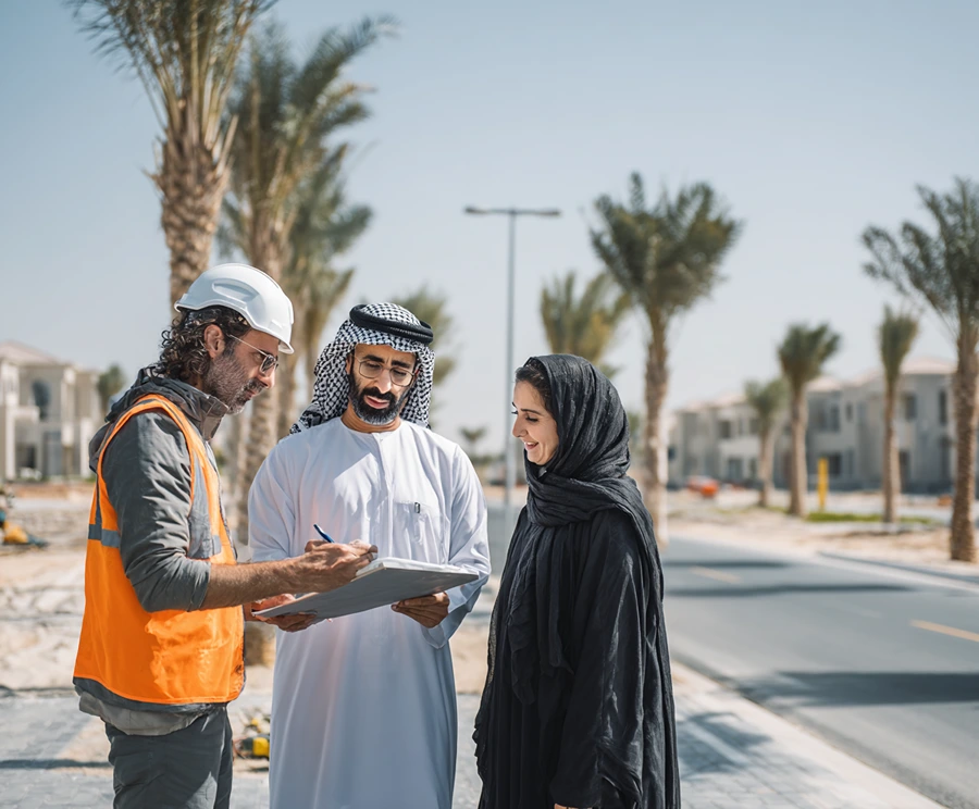 Engineers in Ajman conducting a free villa site assessment and providing construction consultation for a new residential project in the UAE.