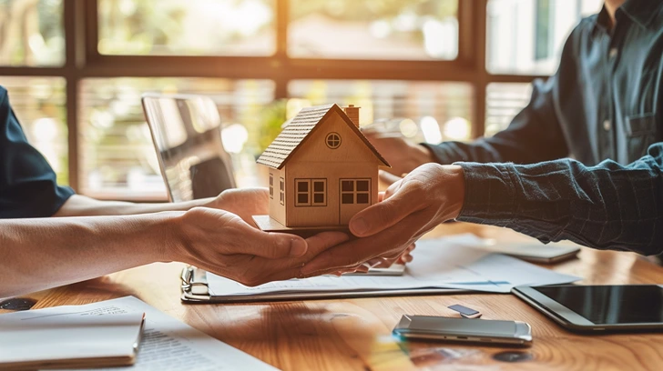 Hands holding a model house symbolizing real estate investment and property management services in Ajman, UAE.