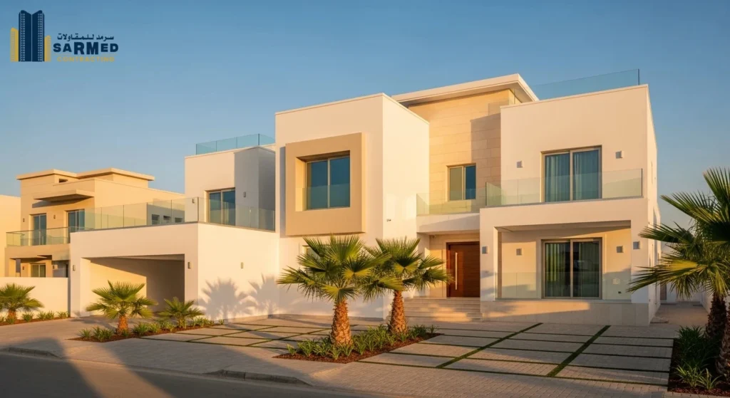 Modern white finished villa with glass railings, landscaped driveway, and palm trees in Ajman