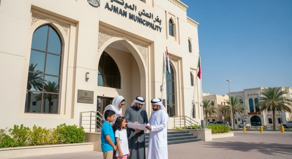 Family meeting with an official outside the Ajman Municipality for construction approvals