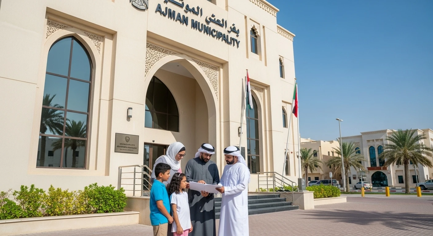 Family meeting with an official outside the Ajman Municipality for construction approvals