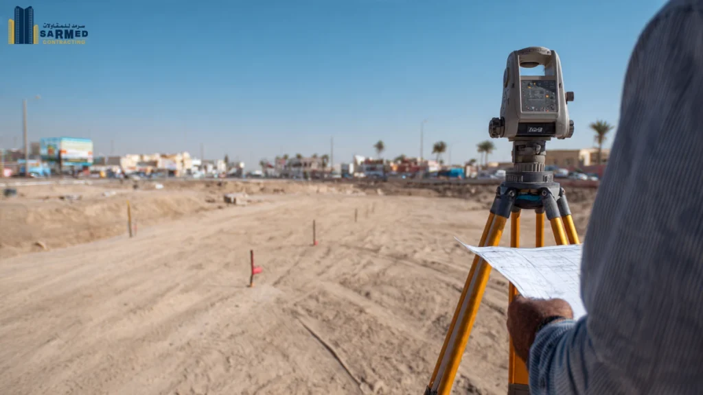 Land surveying before groundwork for warehouse construction in Ajman by Sarmed Contracting.