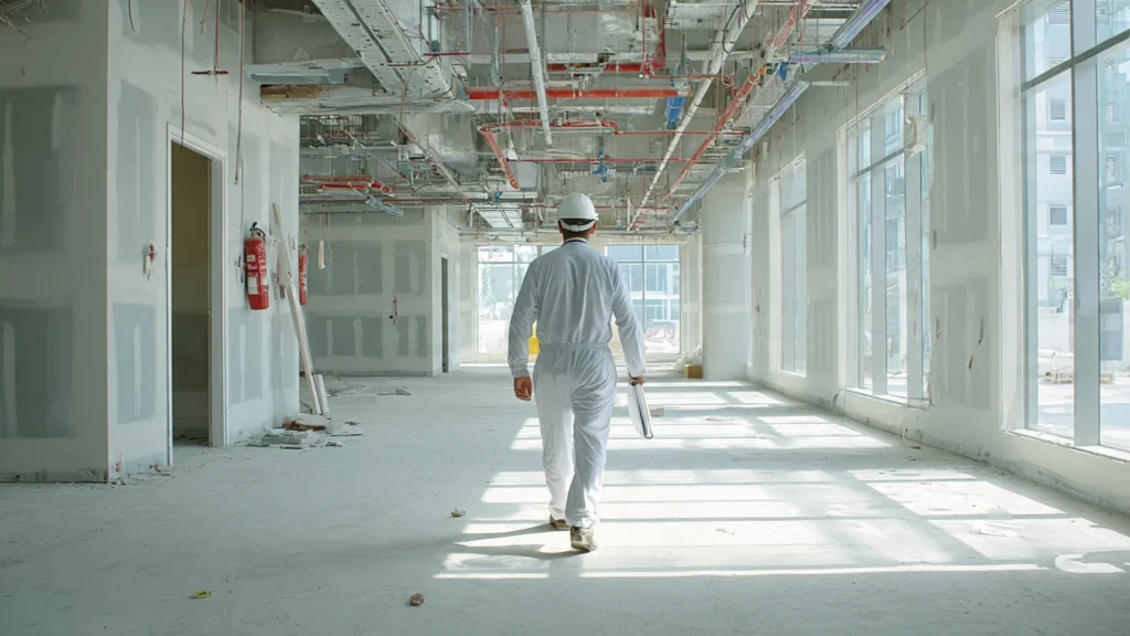 Inspection of exposed MEP works for office construction in Ajman by Sarmed Contracting.