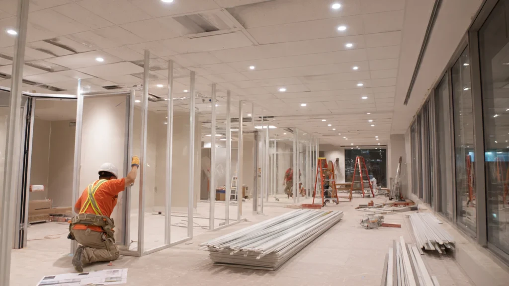 Internal partitioning and final fit-out for commercial building construction in Ajman.