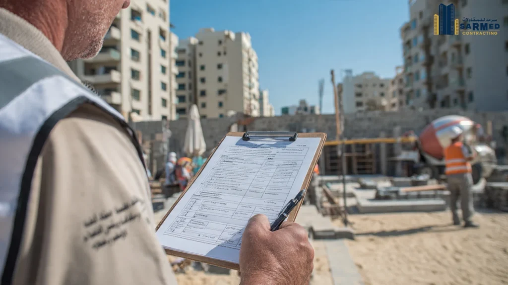 Villa contractors in Ajman reviewing construction cost estimate and material checklist at a building site