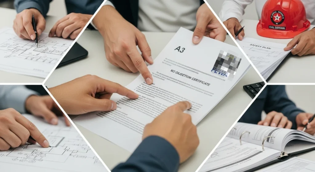 Collage showing NOC, Safety Plan, and blueprints required for Ajman construction approvals