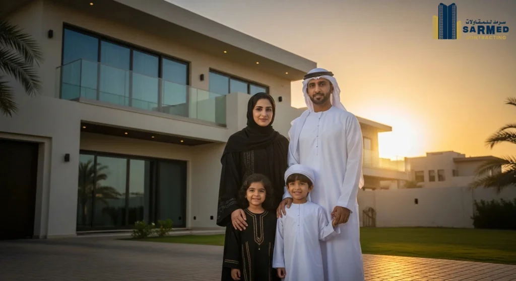 Emirati family standing proudly in front of their new finished villa construction home in Ajman