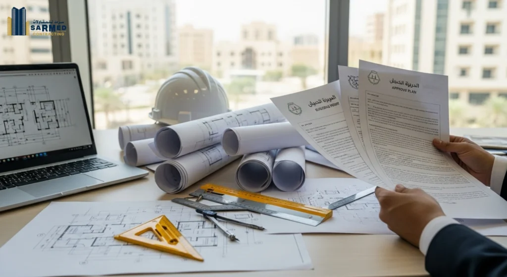 Architect reviewing rolled blueprints and official Ajman building approval plans to finalize the total construction cost.