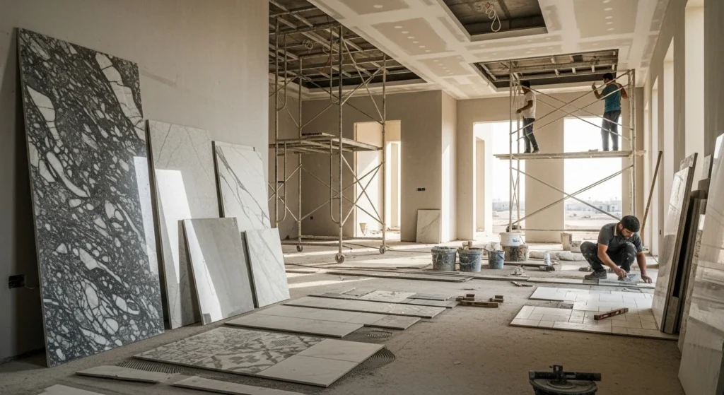 Installing large marble floor tiles and ceilings in a new villa, illustrating the high cost of luxury finishes in prime Ajman areas
