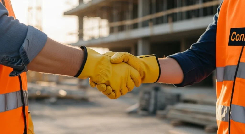 "Handshake between contractor and client confirming construction approvals are granted in Ajman