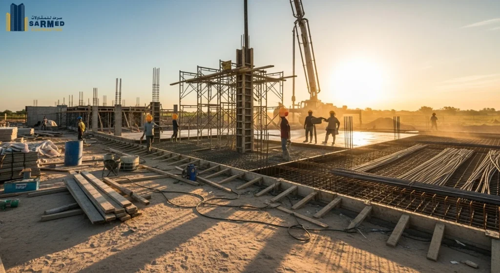 Construction workers pouring concrete foundation at sunset, detailing the early phase of the Ajman building timeline.