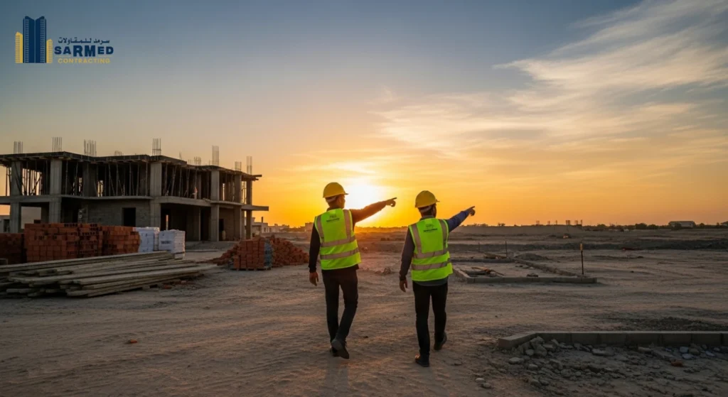 Engineers review the future site plot after obtaining all construction approvals in Ajman