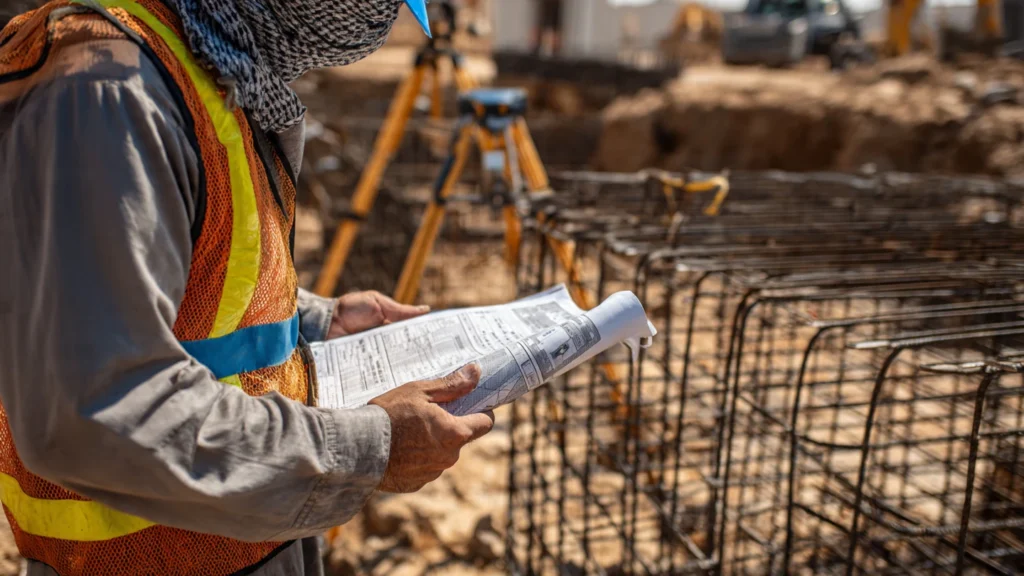 Site surveyor checking villa structure plan for Ajman municipality approval and construction permit compliance.