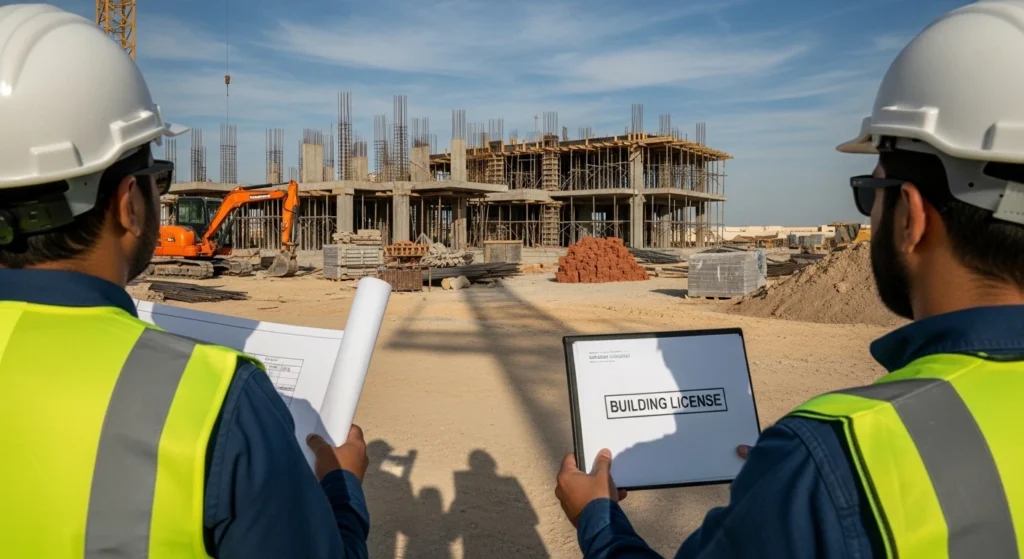 Engineers reviewing blueprints and a building license at a construction site for Ajman approvals