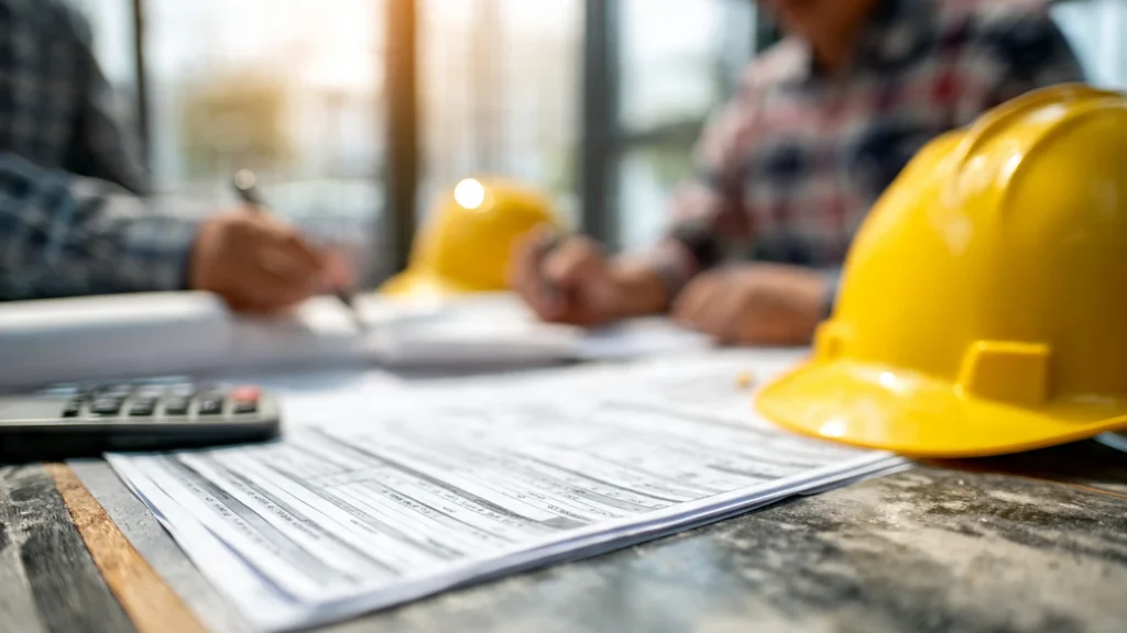 Planning commercial building construction goals in Ajman with project blueprints and hard hat