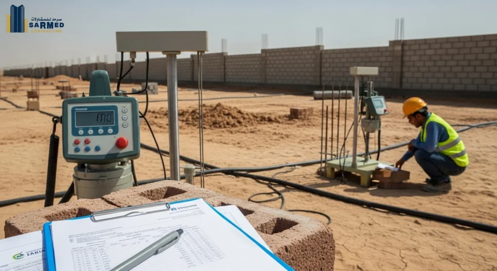 Construction worker performing a required soil test, highlighting hidden costs that impact the total construction cost in Ajman.
