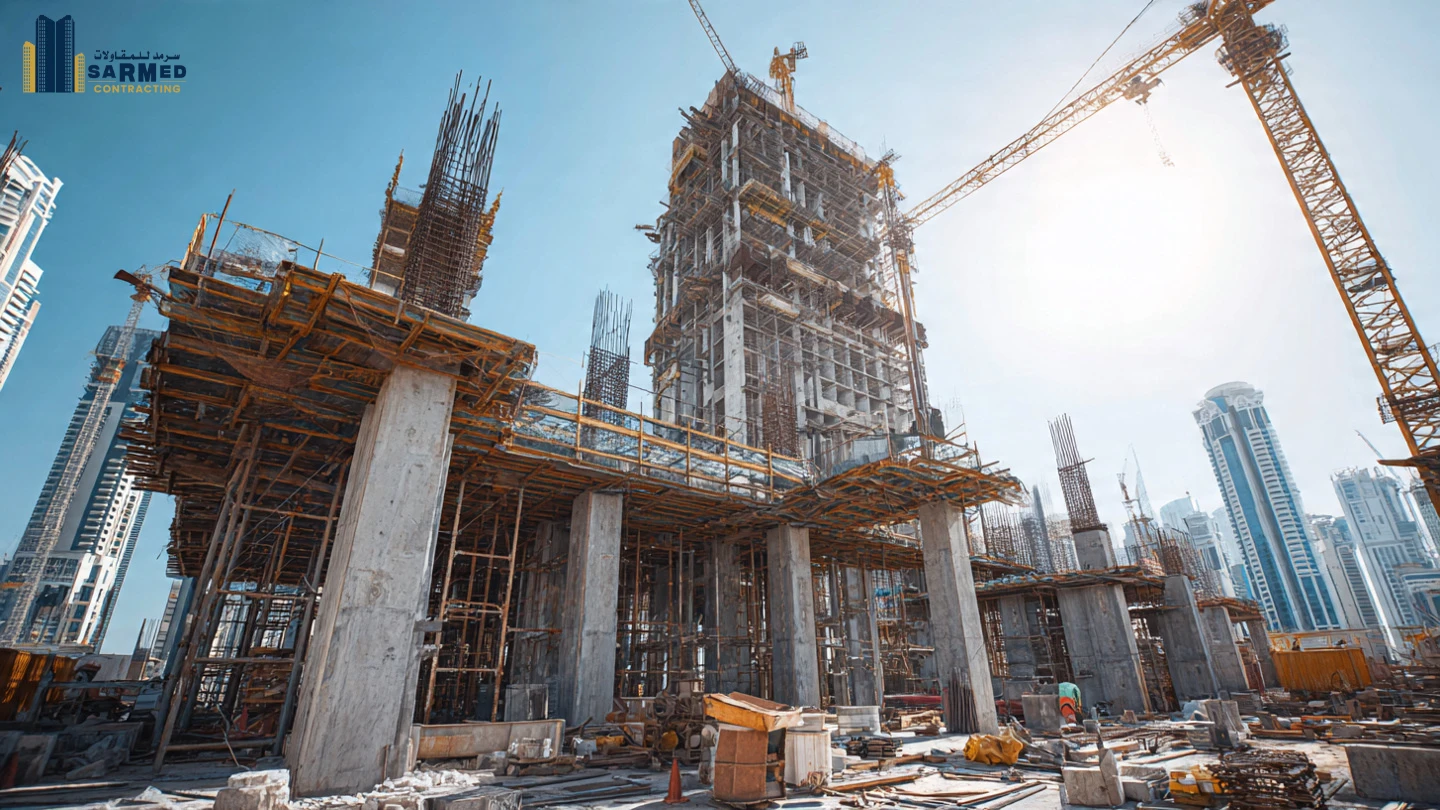 High-rise commercial building construction progress in Ajman by Sarmed Contracting.