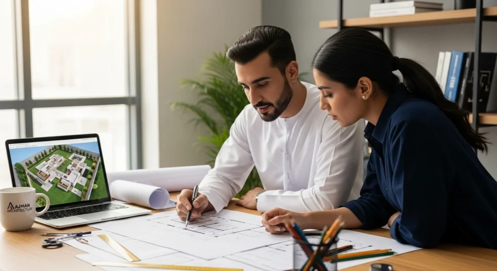 Architects reviewing villa floor plans for the design and approval process in Ajman