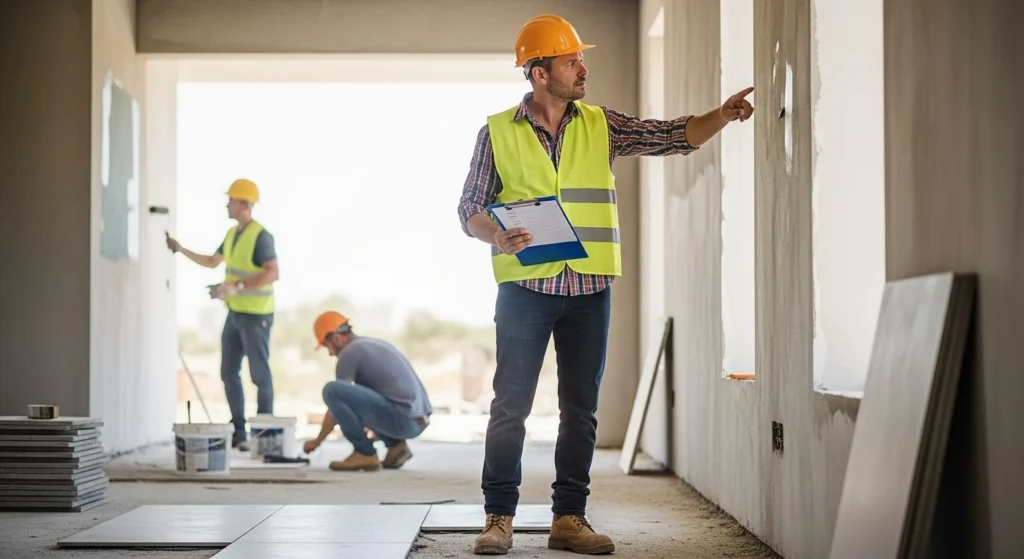 Construction supervisor inspecting interior work inside a new villa project in Ajman