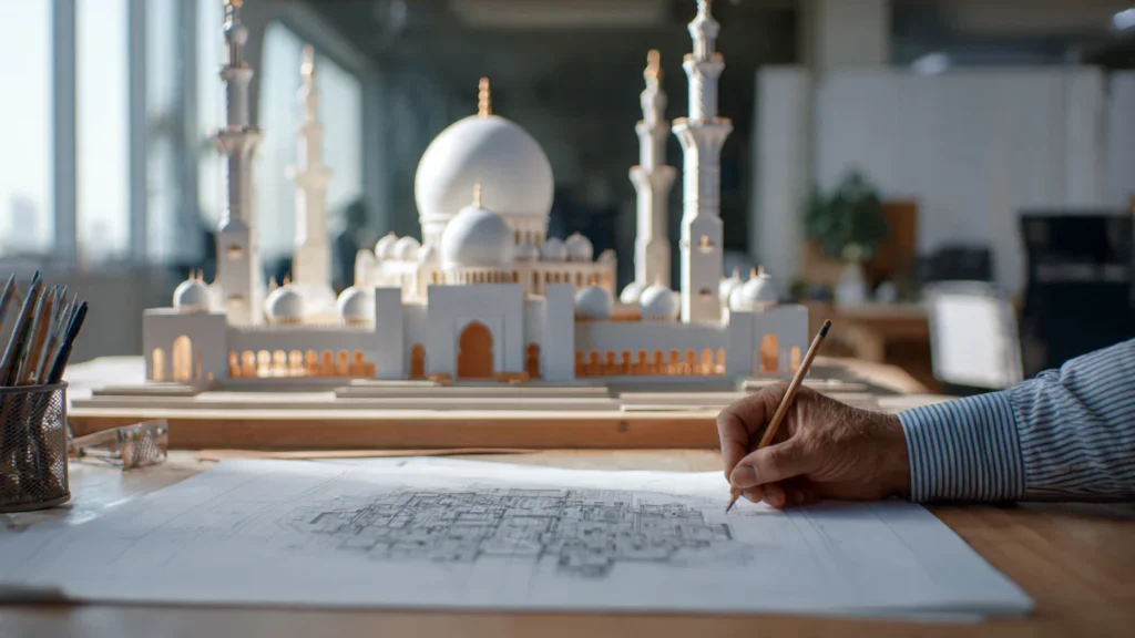 Architect working on the floor plan for mosque construction in Ajman, with a detailed architectural design model on the desk.