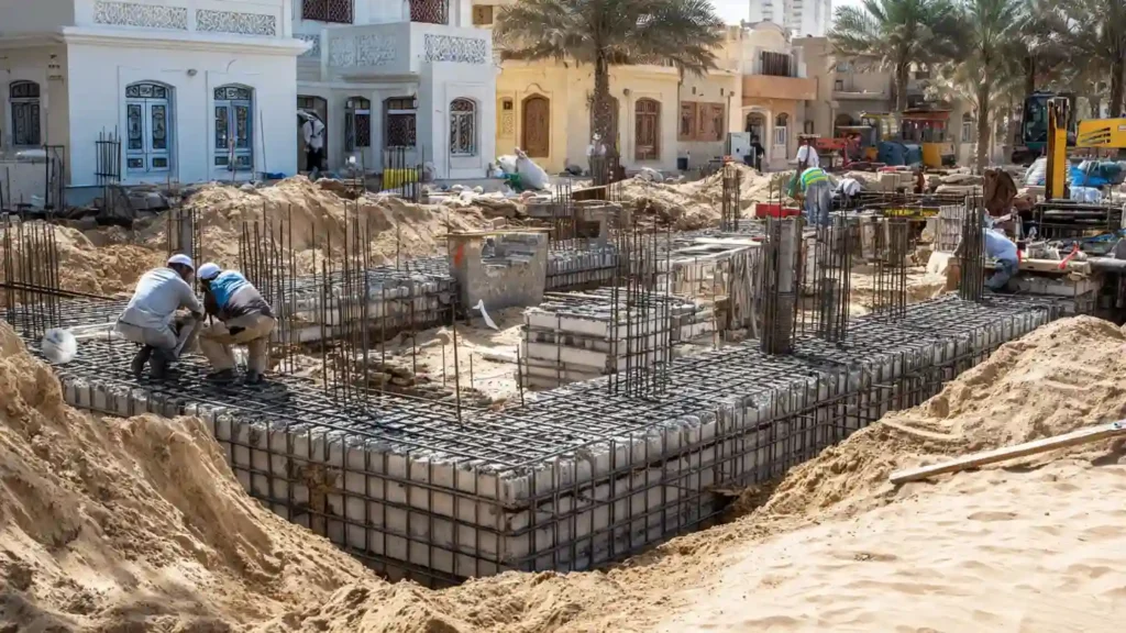 Engineer reviewing blueprints on a residential construction site showing foundation rebar for estimating the construction cost in Ajman.