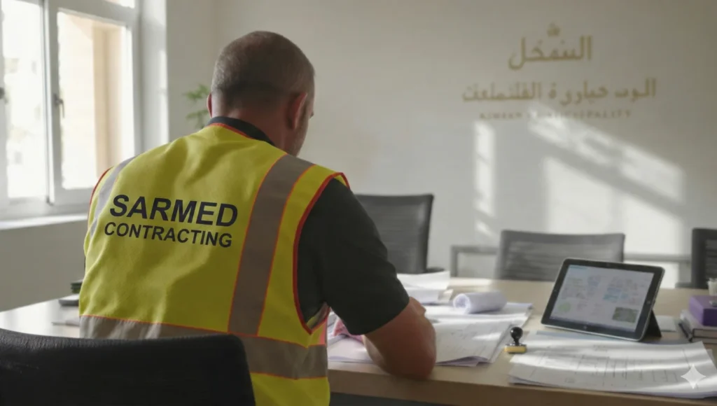 Sarmed Contracting local contractor Ajman reviews project plans in a modern office.