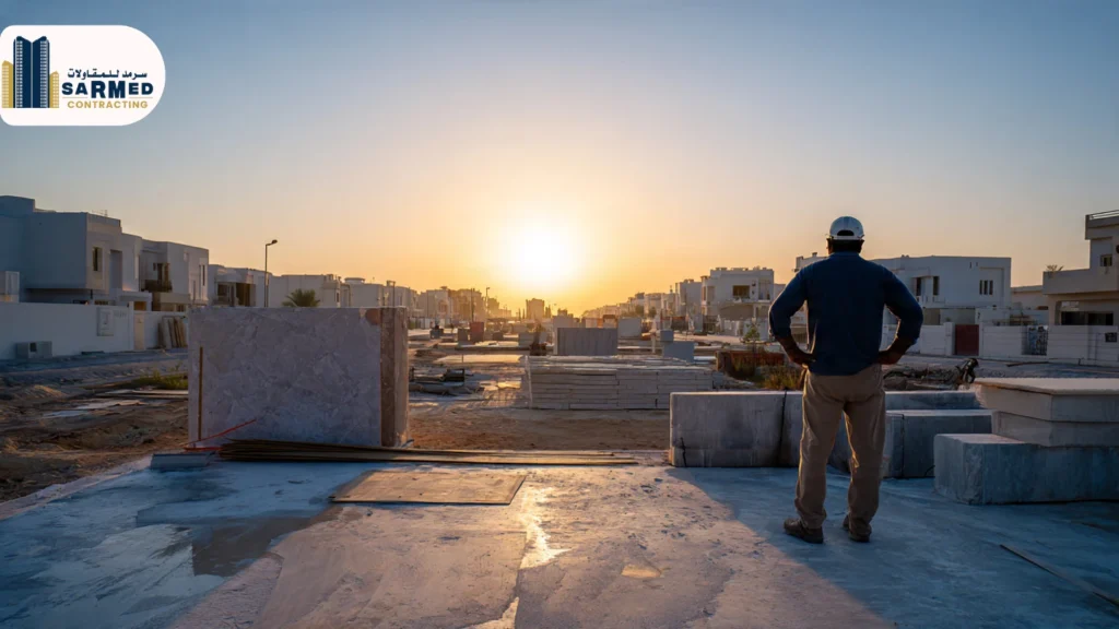 What Really Defines Quality Civil Work in Ajman? A Sarmed Contracting site supervisor standing on a completed concrete slab, looking out over a row of newly constructed villas in Ajman at sunset, symbolizing a successful project handover and high-quality civil work.