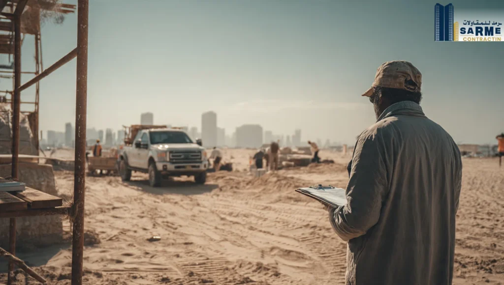 Site supervisor from Sarmed Contracting reviewing project compliance on an Ajman construction site.