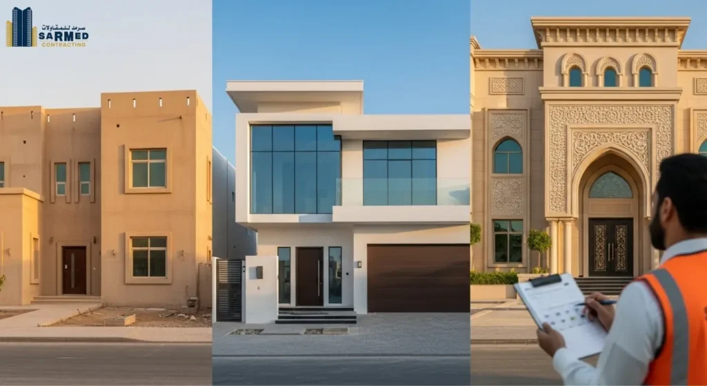 Comparison of three different modern and traditional villa designs in Ajman showing factors affecting construction cost.