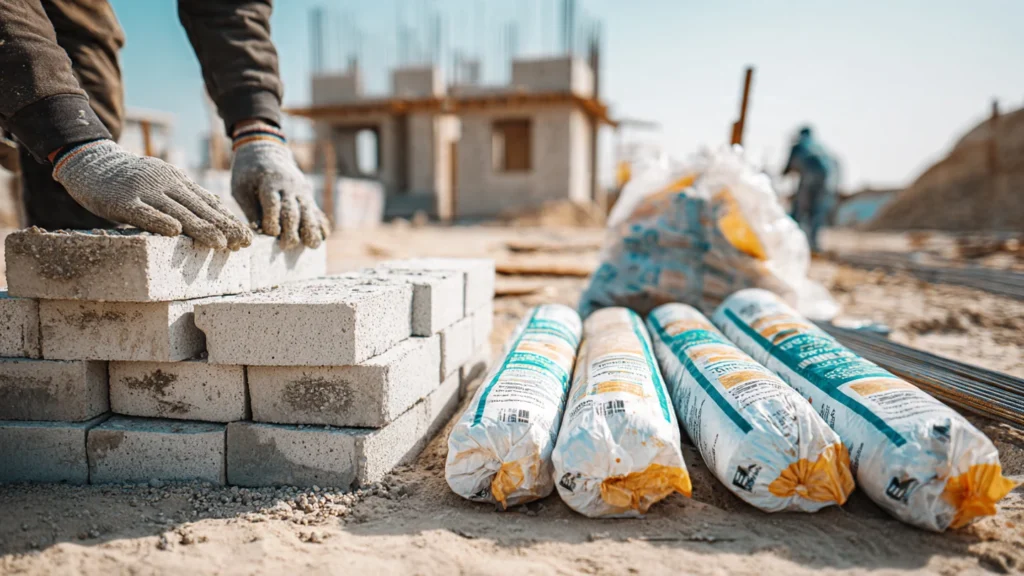 What Really Defines Quality Civil Work in Ajman? A close-up of high-quality construction materials at an Ajman job site, showing a worker in protective gloves stacking concrete masonry blocks next to sealed bags of specialized mortar or grout, highlighting the selection of premium materials for civil work.