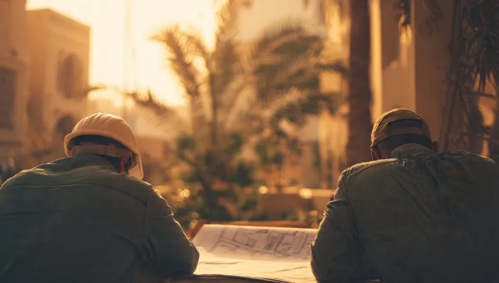 Local contractor and subcontractor review plans for material supply efficiency in Ajman.