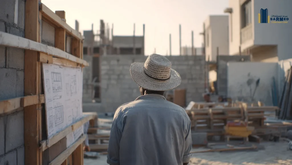 Contractor reviews blueprints on an Ajman residential construction site to prevent execution mistakes.