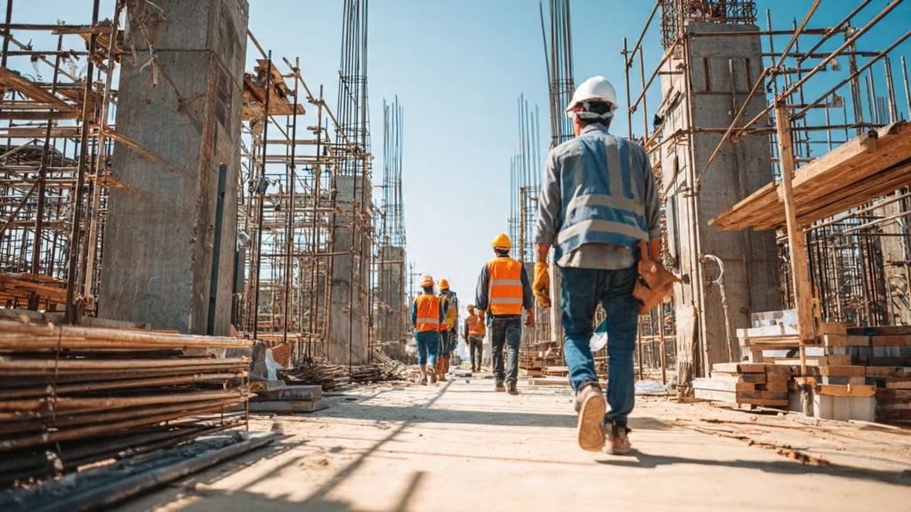 What Really Defines Quality Civil Work in Ajman? A team of construction workers in safety vests and hard hats walking through a large-scale construction site in Ajman, framed by massive concrete columns, vertical rebar reinforcement, and intricate scaffolding.