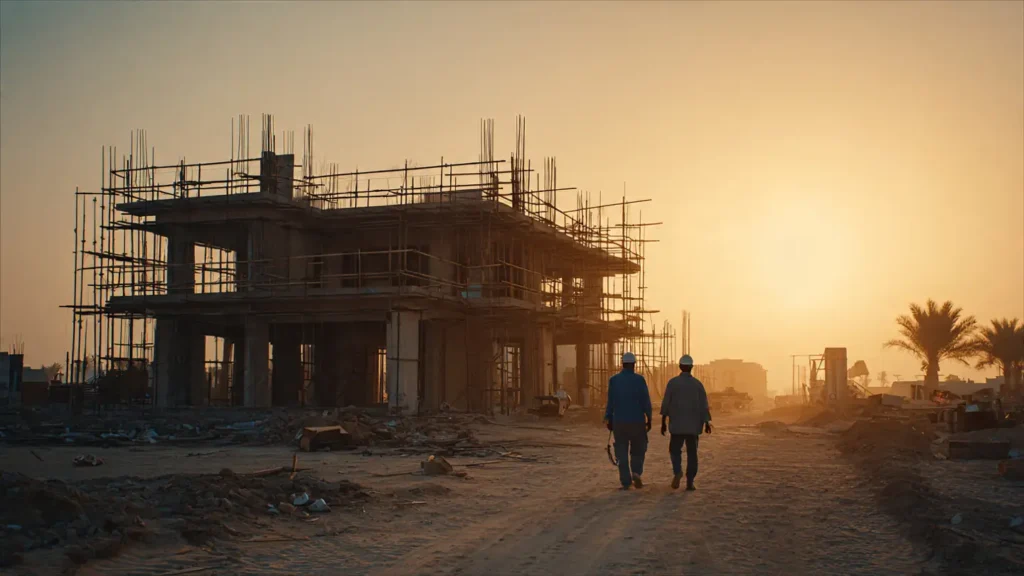 Engineers walking through an Ajman construction site at sunset Ajman Construction Site Dusk Two professionals in safety gear walking toward a multi-story building structure during dusk