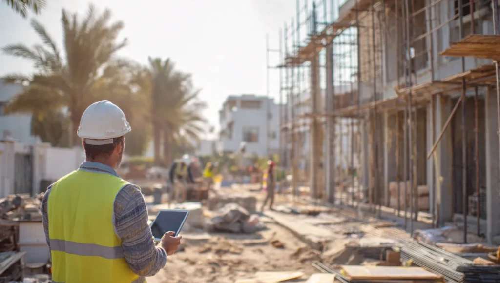 Local contractor Ajman shows construction progress from foundation to near-completion stage.