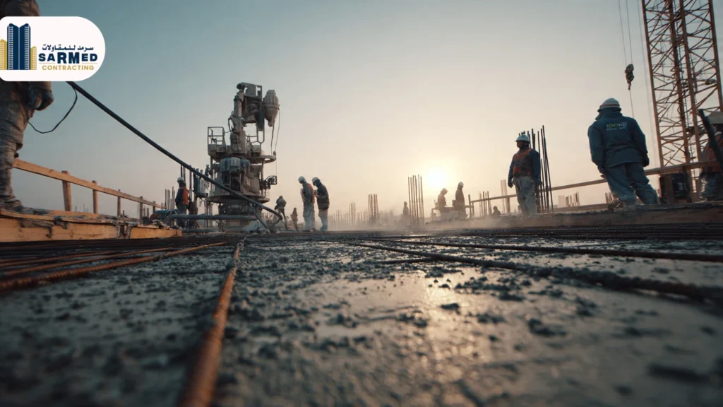 What Really Defines Quality Civil Work in Ajman? A civil engineer at a Sarmed Contracting site in Ajman conducting a pre-pour inspection of a foundation's high-yield steel reinforcement cage to ensure structural strength and compliance with Ajman Municipality building codes.