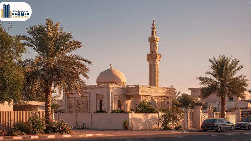 Beautifully completed neighborhood mosque in Ajman, showcasing the quality of the right mosque contractor and the final project.