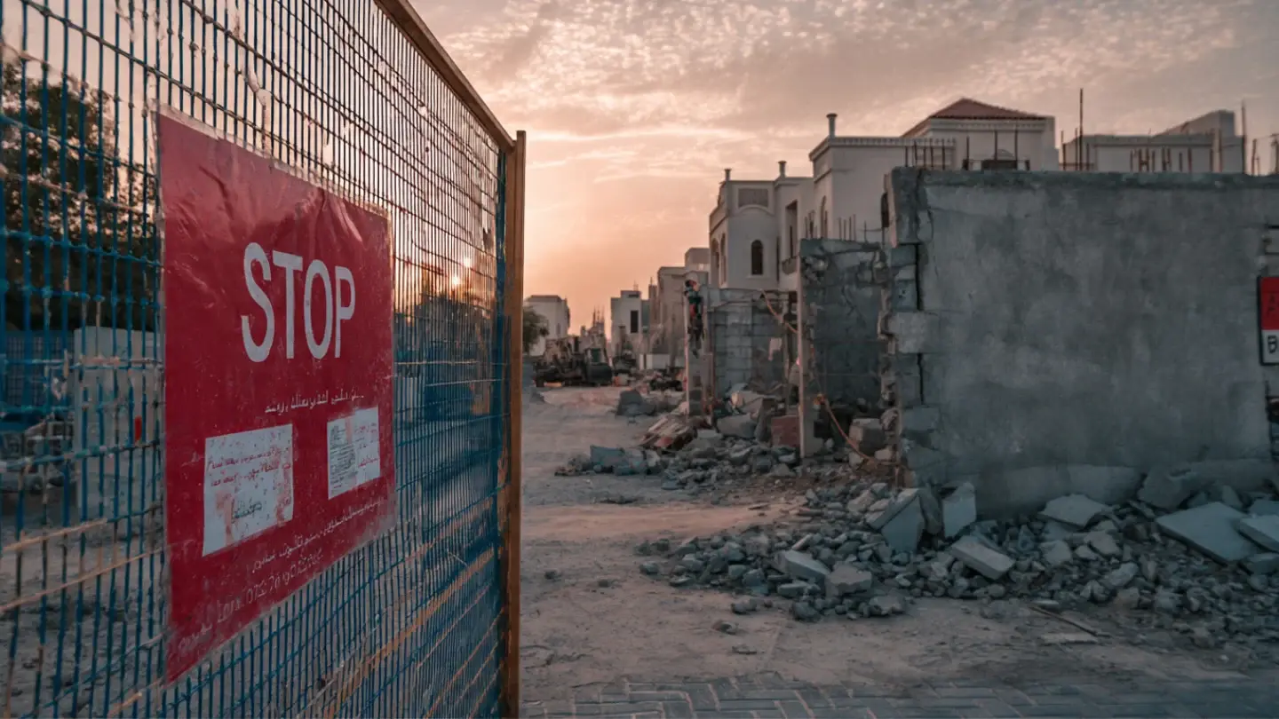 An abandoned construction site in Ajman, UAE, with a red STOP sign on a fence, illustrating the result of hiring a fake contractor and losing money on a villa project.