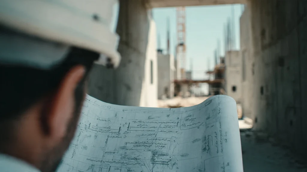 Engineer reviewing approved drawings against the building structure on an Ajman site Approved Drawings Verification Ajman A professional in a hard hat examines architectural blueprints while looking toward a construction project