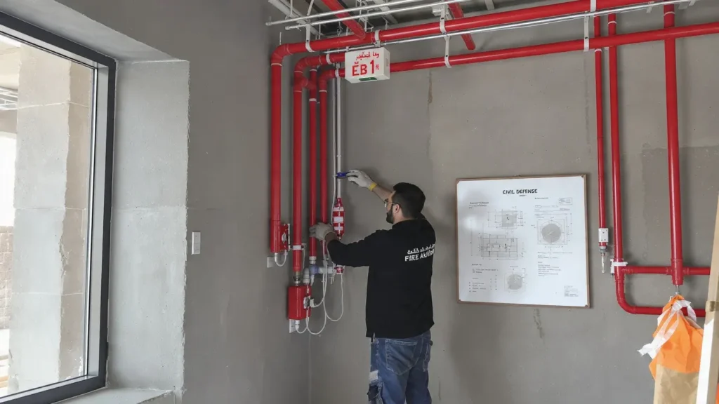 A technician in the UAE inspecting red fire safety pipes and a Civil Defense diagram on a wall, highlighting the necessity of hiring a Civil Defense approved contractor for safety compliance.