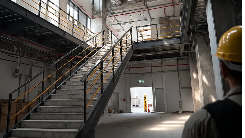 Engineers inspecting residential concrete frame for civil work Ajman Residential Building Standards Ajman Site engineers in hard hats viewing a multi-story residential building structure and scaffolding