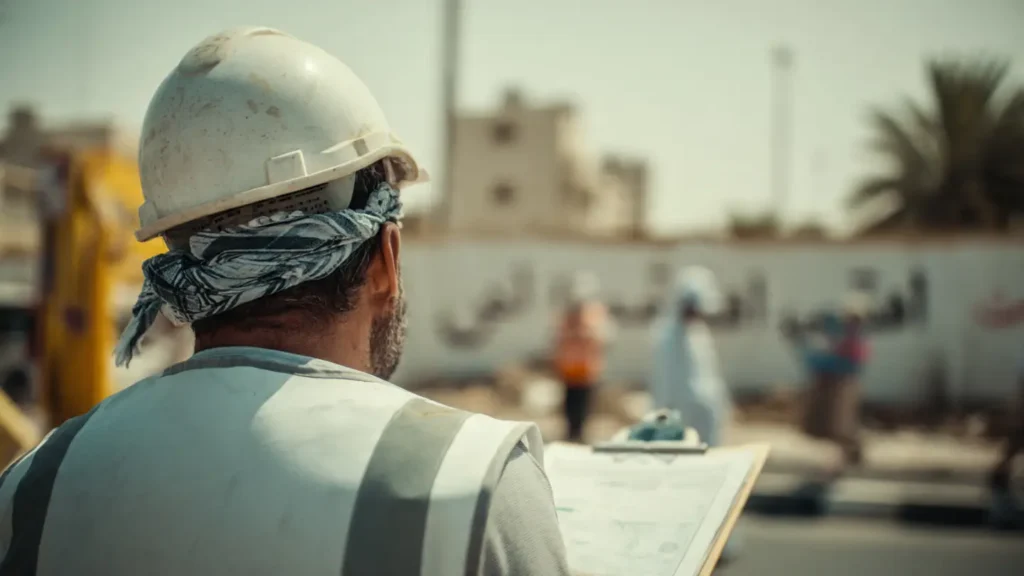 Engineer conducting building inspection Ajman site with checklist Ajman Municipality Inspection Process Site inspector in a hard hat holding a clipboard while reviewing an active construction site