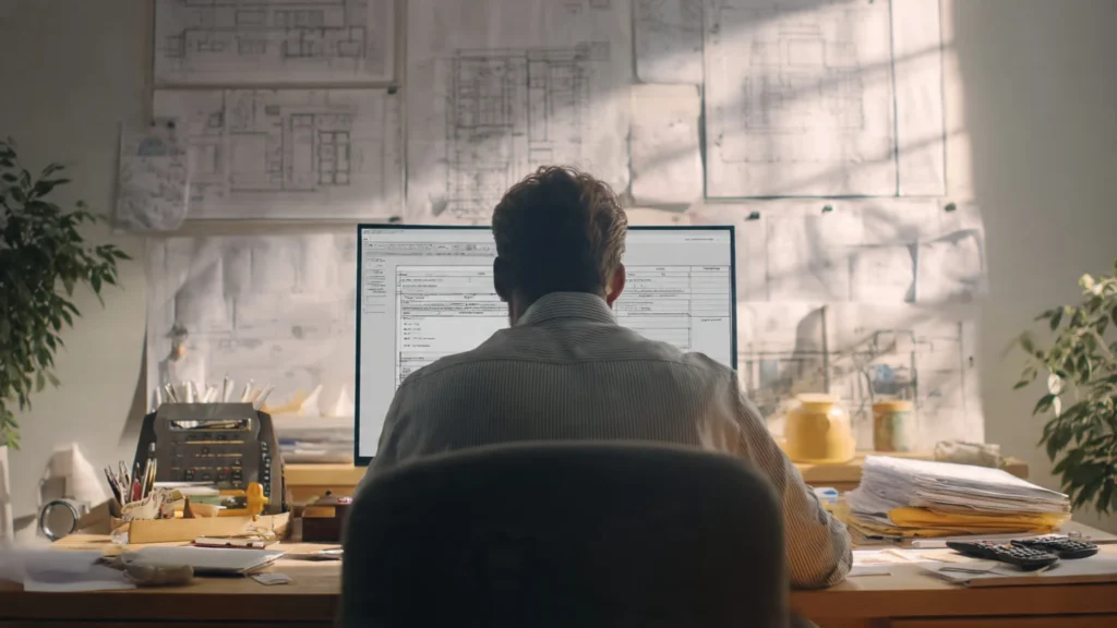 A person using a smartphone or laptop to access the UAE National Economic Register (NER) or DED eServices to verify a contractor's trade license status and expiry date.