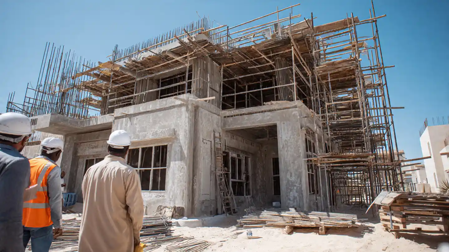 Engineers inspecting concrete frame and scaffolding for civil work Ajman Ajman Civil Work Site Supervision Site engineers in safety gear observing a multi-story concrete structure under construction