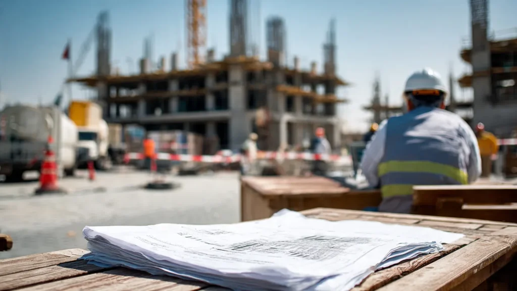 Commercial building construction site in Ajman with blueprints and cranes