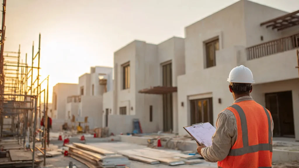 Construction workers installing intricate steel rebar reinforcement for a building foundation at a professional civil engineering site in Ajman, showcasing the early stages of high-quality structural work.