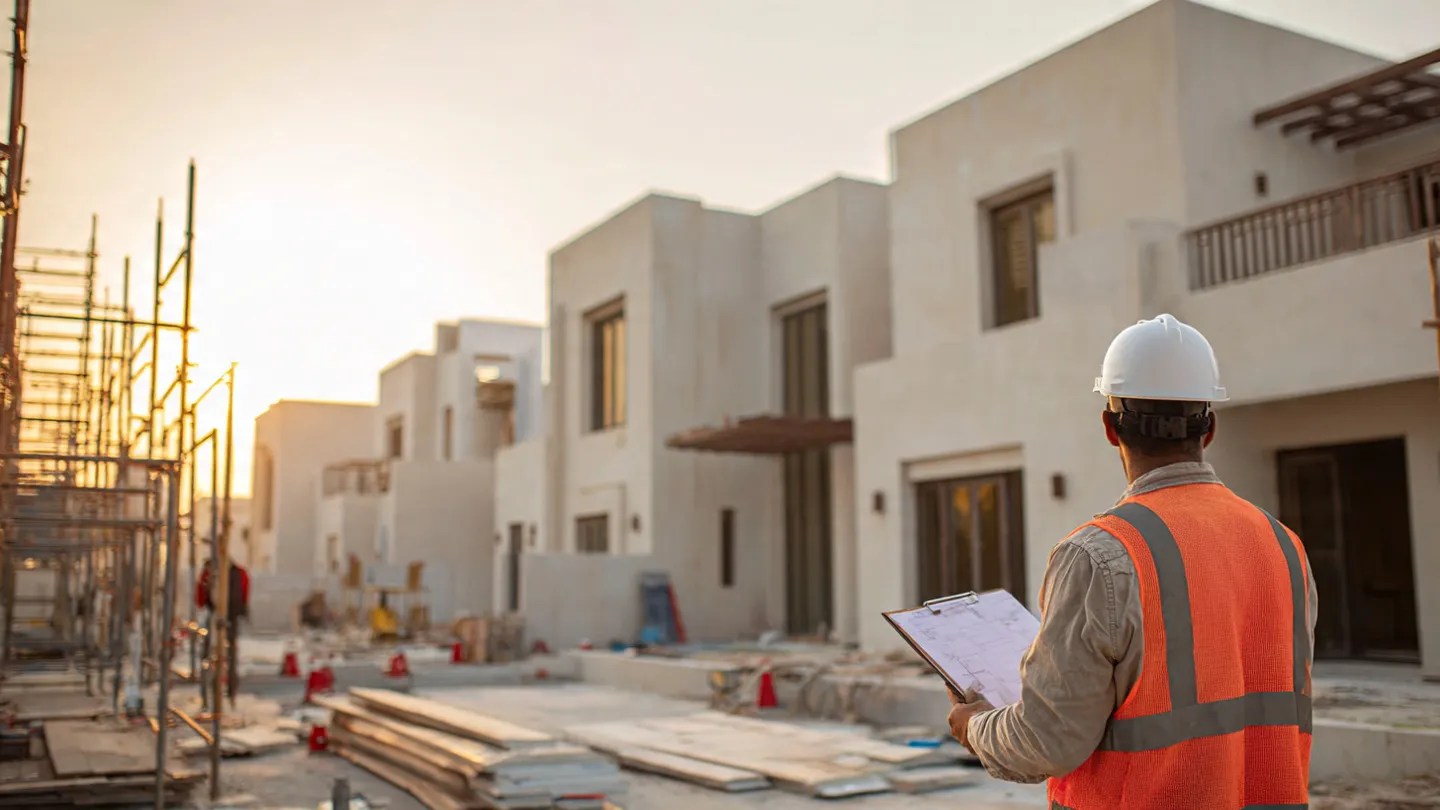 Construction workers installing intricate steel rebar reinforcement for a building foundation at a professional civil engineering site in Ajman, showcasing the early stages of high-quality structural work.