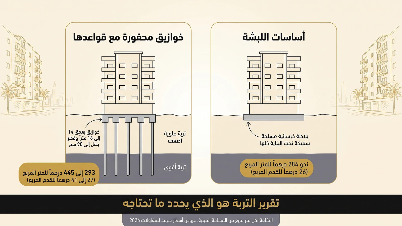 تكلفة بناء عمارة في عجمان 2026: أسعار حقيقية من 3 عروض لبنايات سكنية مقطع يقارن أساسات اللبشة بالخوازيق المحفورة وتكلفة كل منهما للمتر المربع